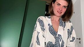 i show my huge natural tits to my virgin stepson while jerking his monster cock till he cums hard in bedroom