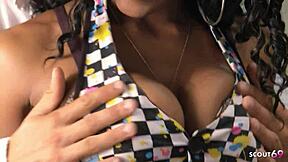 slim ebony's saggy natural tits bounce on stranger's long white cock in cheating interracial