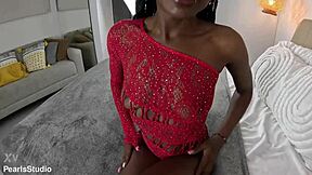 Ebony model Marcela's red dress leads to cum covered tits