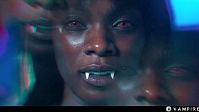 Ebony vampire femdom mesmerizes blondes into lesbian slave threesome joi