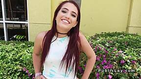 petite redhead with small tits sneaks public doggystyle bangs on outdoor pov