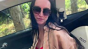 Guy fucks wife's busty girlfriend doggystyle in car, cums in mouth