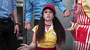 Banging petite teen in shop blowbang security gang