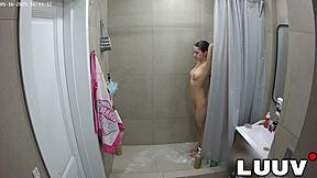 Grossy brunette flashes shaved pussy shower routine