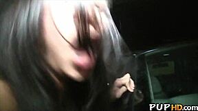 Tiny teen takes public cash fuck outdoors pov style