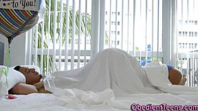 Bound Ebony Teen Gags on Monster Cock Before Mouth Jizz Blast