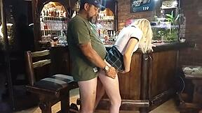 Skinny blonde babe in heels gets standing missionary clothed fuck