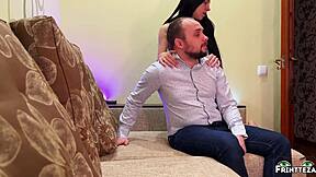 horny stepmom drains big balls with sneaky handjob at new year's party.