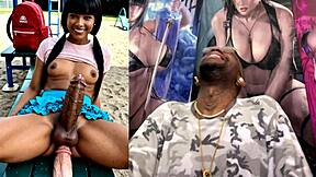 trans teen rides dildo cums on face while ebony thicc cock leaks