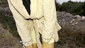 She publicly pisses in forest then wipes her pussy with toilet paper POV