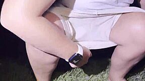 She publicly pisses in forest then wipes her pussy with toilet paper POV