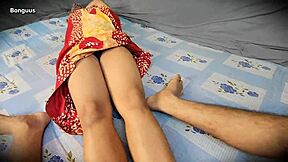 desi stepmom footjobs then rides cock in hairy pussy