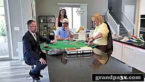 Three old kinky dudes rim and fuck busty young teen after poker game