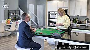 Three old kinky dudes rim and fuck busty young teen after poker game