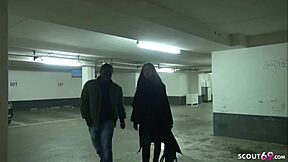 German teen gets quick doggystyle pounding in the garage by huge cock dude