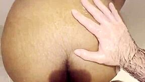 thick ebony babe rides huge cock rough in steamy shower