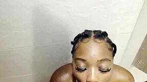 thick ebony babe rides huge cock rough in steamy shower