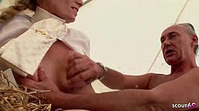 Slim Blonde Risks CFNM Farm Fuck Cum Mouth!