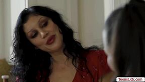 lesbian babes start kitchen licking then sofa pussy dive frenzy