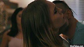 Lucky guy fucks two petite teen pussies hardcore threesome