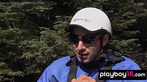 four skinny shaved beauties flash huge tits pussy by river