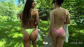 Hungarian milf and petite teen sauna threesome ride big cock