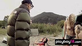 four skinny shaved beauties flash huge tits pussy by river