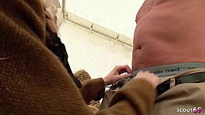 Slim Blonde Risks CFNM Farm Fuck Cum Mouth!