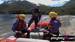 four skinny shaved beauties flash huge tits pussy by river