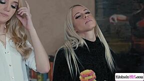 housekeepers scissor shaved pussies on client's bed