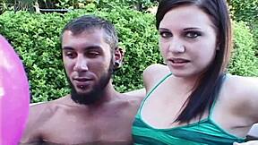 cute petite babe's floating pink intro teases natural tits poolside