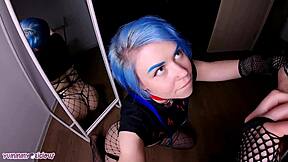 blue haired punk emo with piercings moans during doggystyle ass fuck