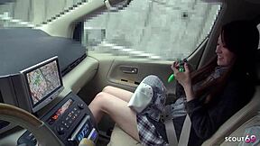 Petite Japanese Hitchhiker Deepthroats Stranger POV in Car Orgasm