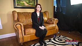 Fiery redhead rides deep dildo, shaved pussy juices everywhere?