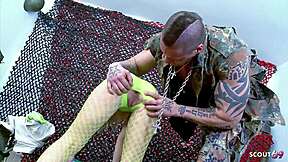 Fishnet Pantyhose Blonde Takes Bodybuilder Cock in Military Roleplay