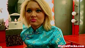 This tiny teen deepthroats cock in fishnets and wild wig choking hard