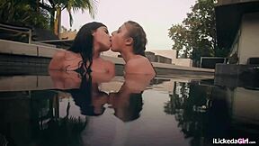 Lesbian teens dive into hairy pussies post-swim—whose tongue wins the lick-off?