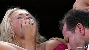 SLIM BLONDE NICKY ANGEL GAGS ON COCK BEFORE ANAL CREAMPIE AND SWALLOW FROM OLDER GUY