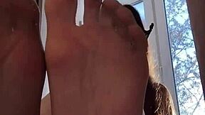 Russian girl in stockings whispers dirty joi fantasies with dildo and feet!