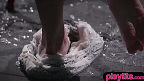 blonde milf bombshell rips clothes off, strips wet petite body naked!