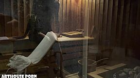 petite latina's oiled feet stroke cock in sauna