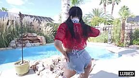 Hey Asian babe oiled up bent over for interracial doggystyle on big cock