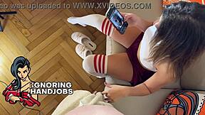 I'm so horny watching this brunette babe spit on monster cock till it explodes