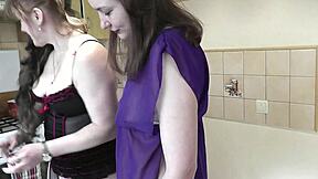 Mature milf and cute teen kiss in kitchen cooking as old neighbor joins bisexual threesome