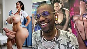 Curvy trans babe with two cocks cums hard all over thicc nurse slut
