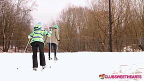 jane white bends over after ski for juicy pussy riding and outdoor licking