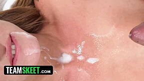 Tight 18+ blonde's perfect tits cum-covered... guess who?