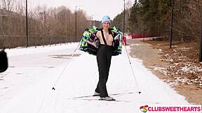 jane white bends over after ski for juicy pussy riding and outdoor licking