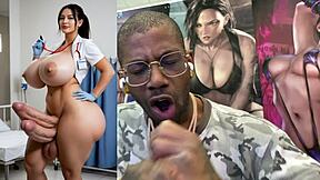 Curvy trans babe with two cocks cums hard all over thicc nurse slut