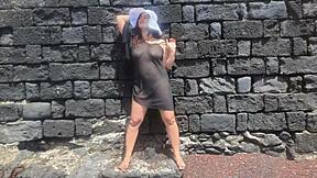 curvy brunette flashes big tits pussy beach photoshoot tease